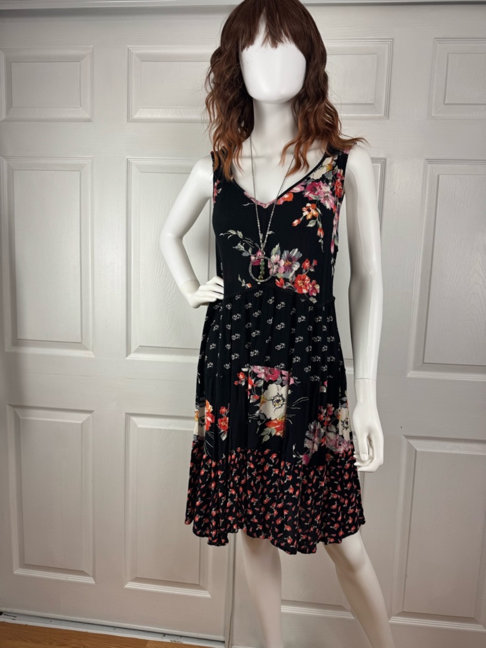 Bila Black Floral Tiered V-Neck Mini Dress with Pink & Red Accents